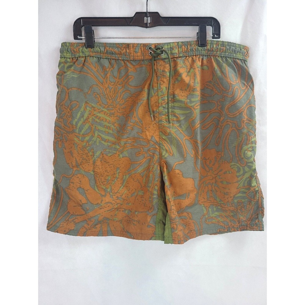 Sand N Sun Mens (M) Sage Green and Orange w/Drawstring Waist & Lined Swim Trunks